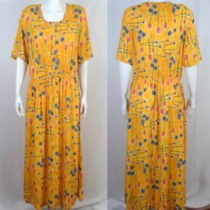 Vintage Karlie Yellow Floral Maxi Dress Short Sleeve Half Button Up
